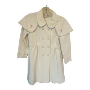 VTG Little World Dress Coat Sz ? Off White Embroidered Yoke Collar Christmas